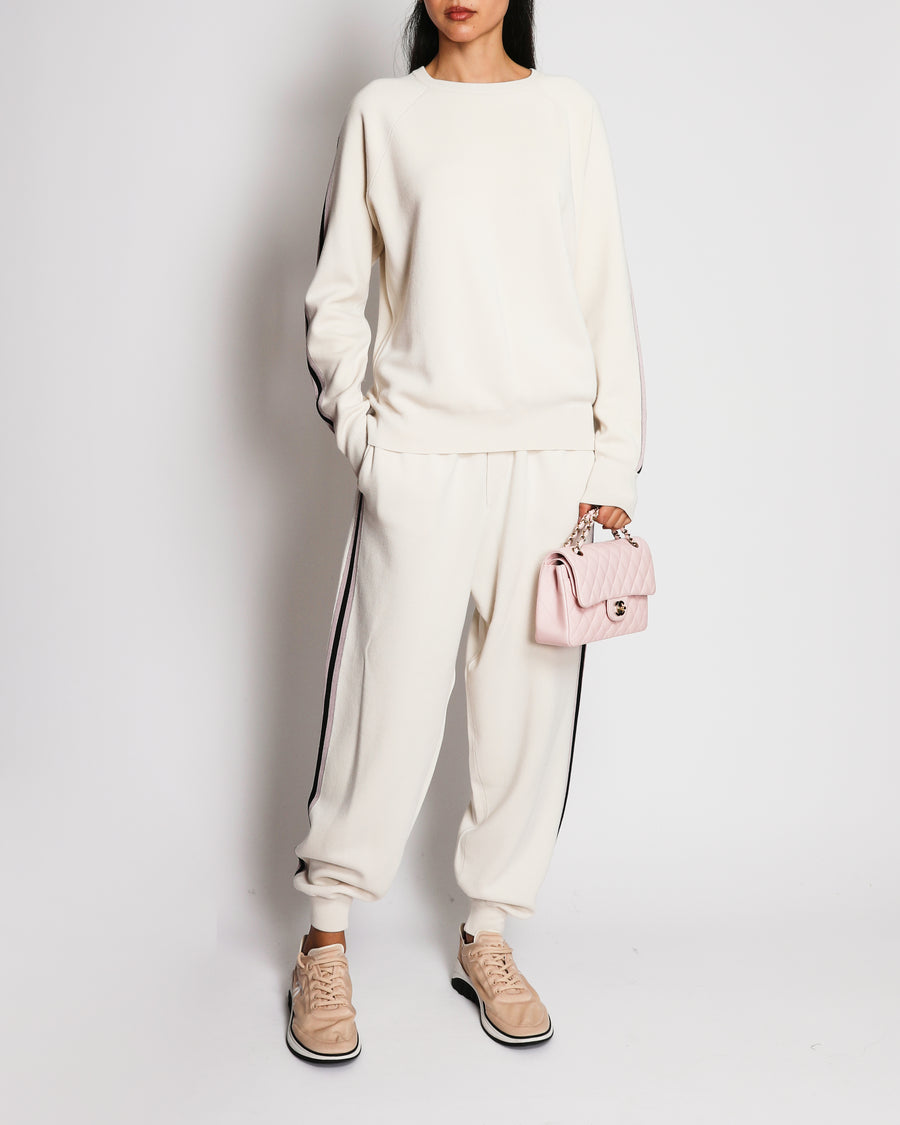 Olivia Von Halle Ivory Cashmere and Silk Striped Tracksuit Size L (UK 14/16)