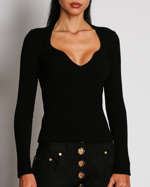 Khaite Black Ribbed Knit Long-Sleeved Top with V-Neck Detail Size XS (UK 6)