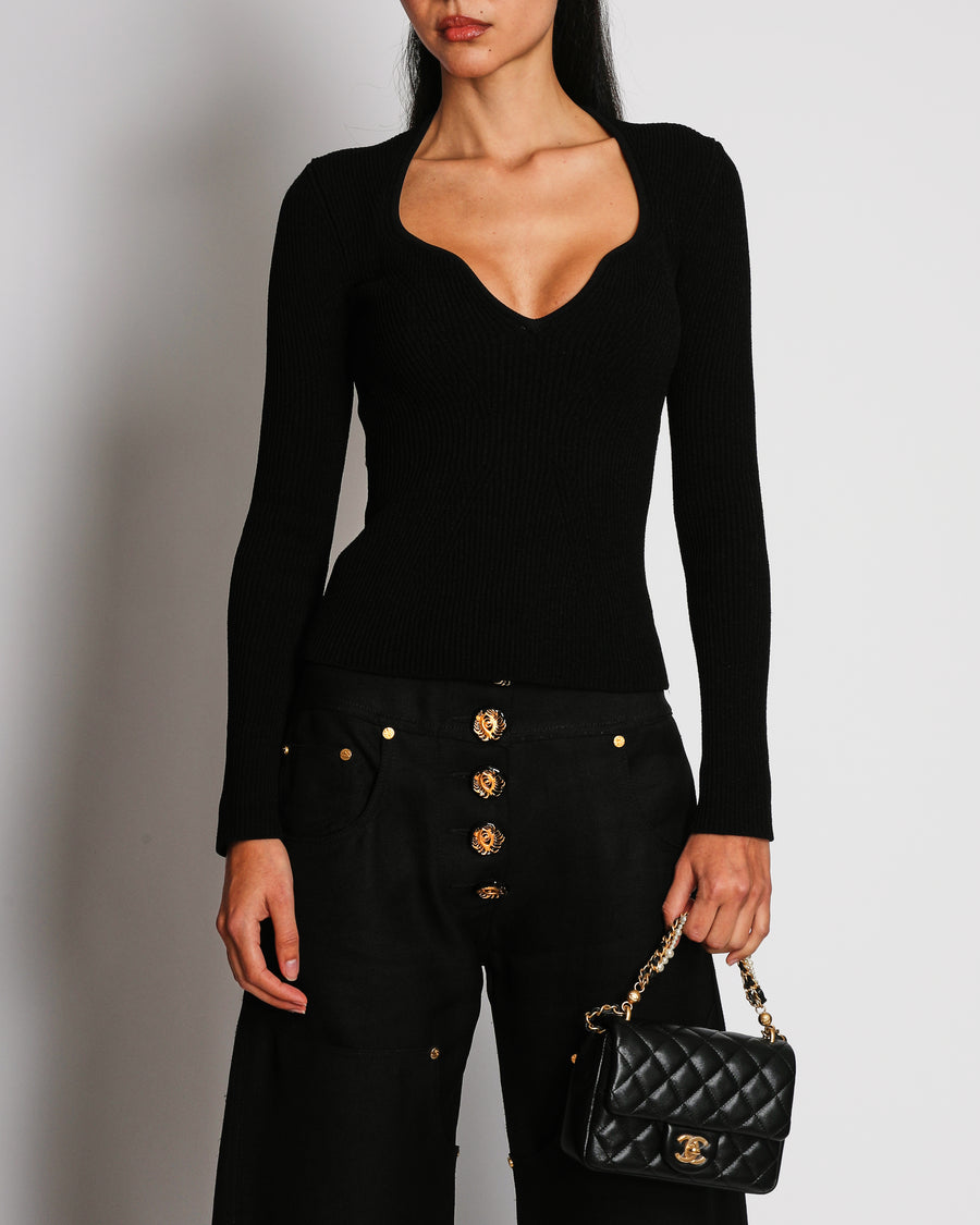 Khaite Black Ribbed Knit Long-Sleeved Top with V-Neck Detail Size XS (UK 6)