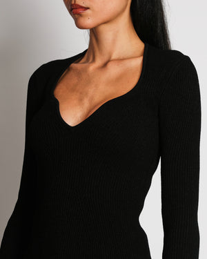 Khaite Black Ribbed Knit Long-Sleeved Top with V-Neck Detail Size XS (UK 6)