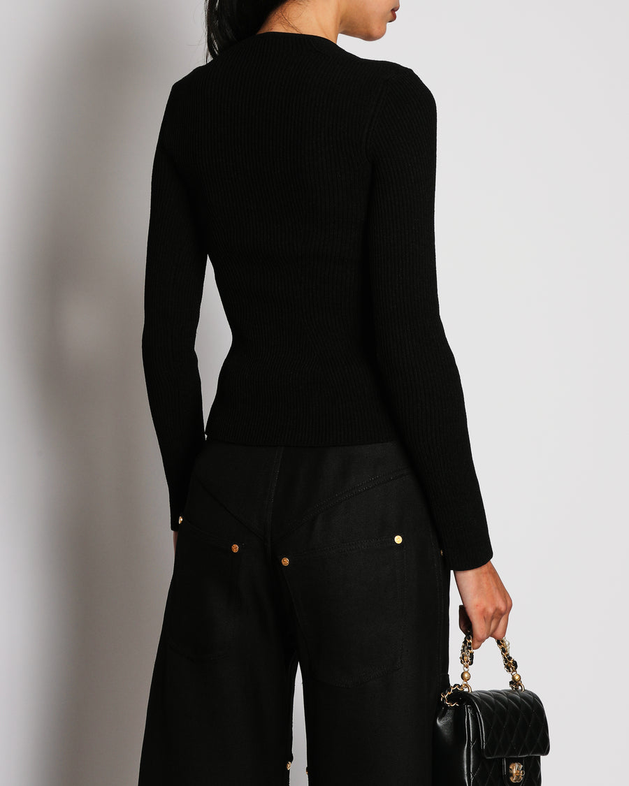 Khaite Black Ribbed Knit Long-Sleeved Top with V-Neck Detail Size XS (UK 6)