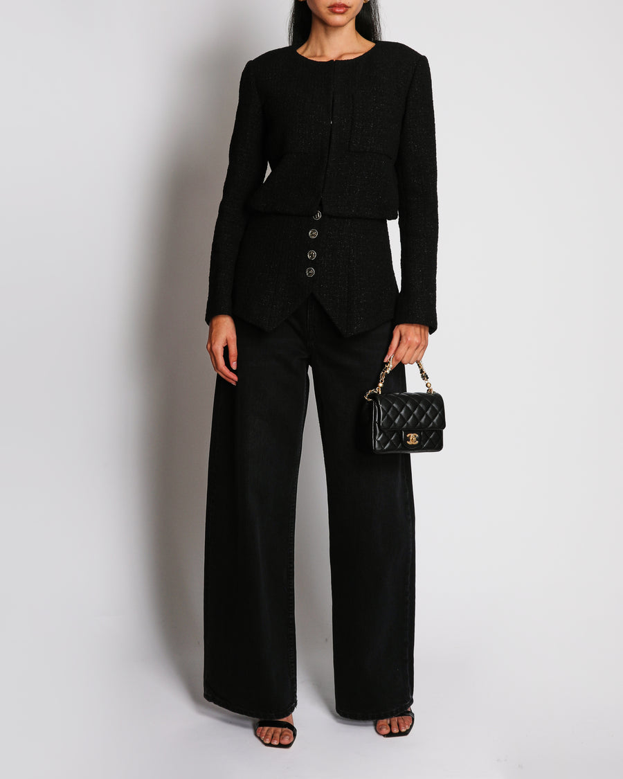 Chanel 22C Black Long Sleeve Bouclé Tweed Jacket with Front Pockets and CC Buttons Size FR 36 (UK 8)