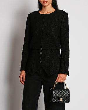 Chanel 22C Black Long Sleeve Bouclé Tweed Jacket with Front Pockets and CC Buttons Size FR 36 (UK 8)