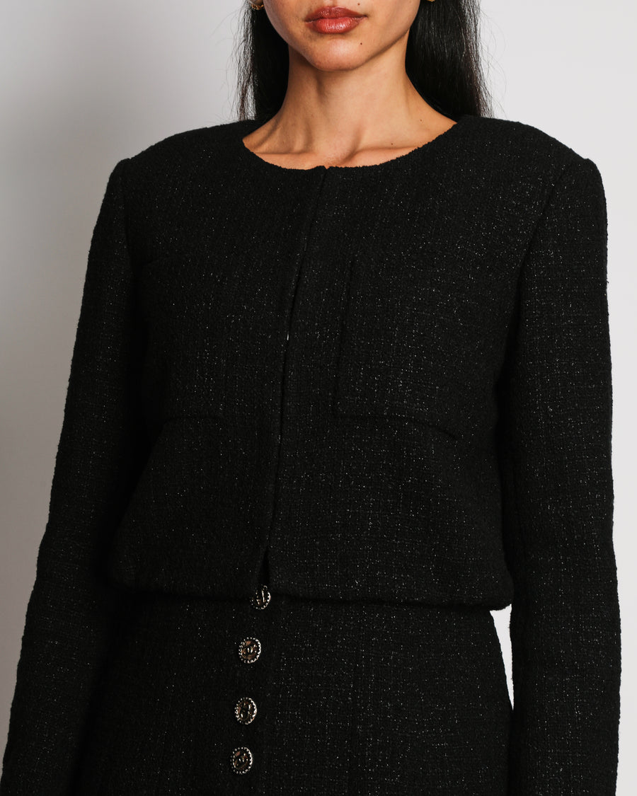 Chanel 22C Black Long Sleeve Bouclé Tweed Jacket with Front Pockets and CC Buttons Size FR 36 (UK 8)