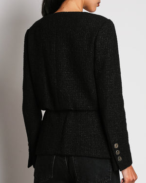 Chanel 22C Black Long Sleeve Bouclé Tweed Jacket with Front Pockets and CC Buttons Size FR 36 (UK 8)