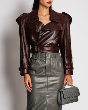 Saint Laurent Burgundy Leather Cropped Trench Jacket with Padded Shoulders and Belt Detail Size FR 34 (UK 6) RRP £5,300