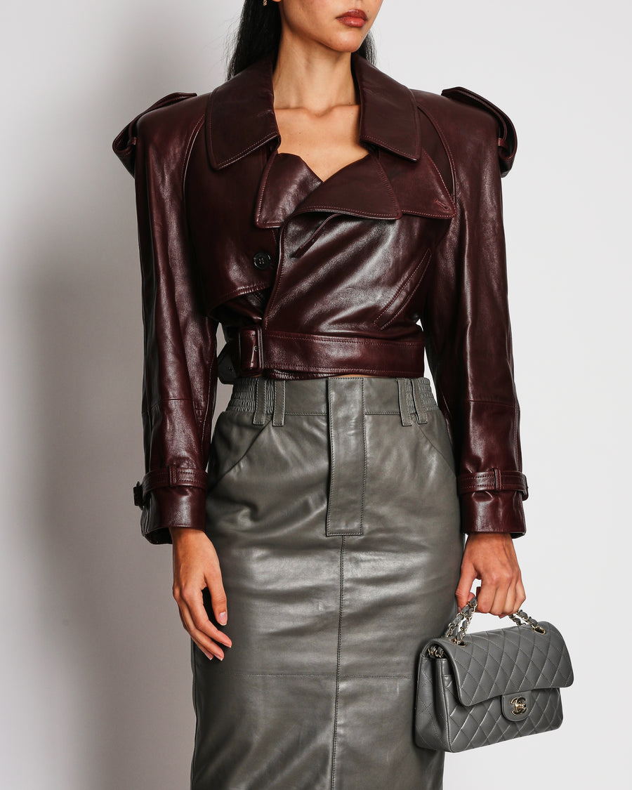 Saint Laurent Burgundy Leather Cropped Trench Jacket with Padded Shoulders and Belt Detail Size FR 34 (UK 6) RRP £5,300
