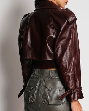 Saint Laurent Burgundy Leather Cropped Trench Jacket with Padded Shoulders and Belt Detail Size FR 34 (UK 6) RRP £5,300