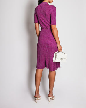 Chanel 22P Metallic Purple Rib Knit Sleeveless Midi Dress with Crystal Embellished CC Buttons and Belt Detail Size FR 34 (UK 6)