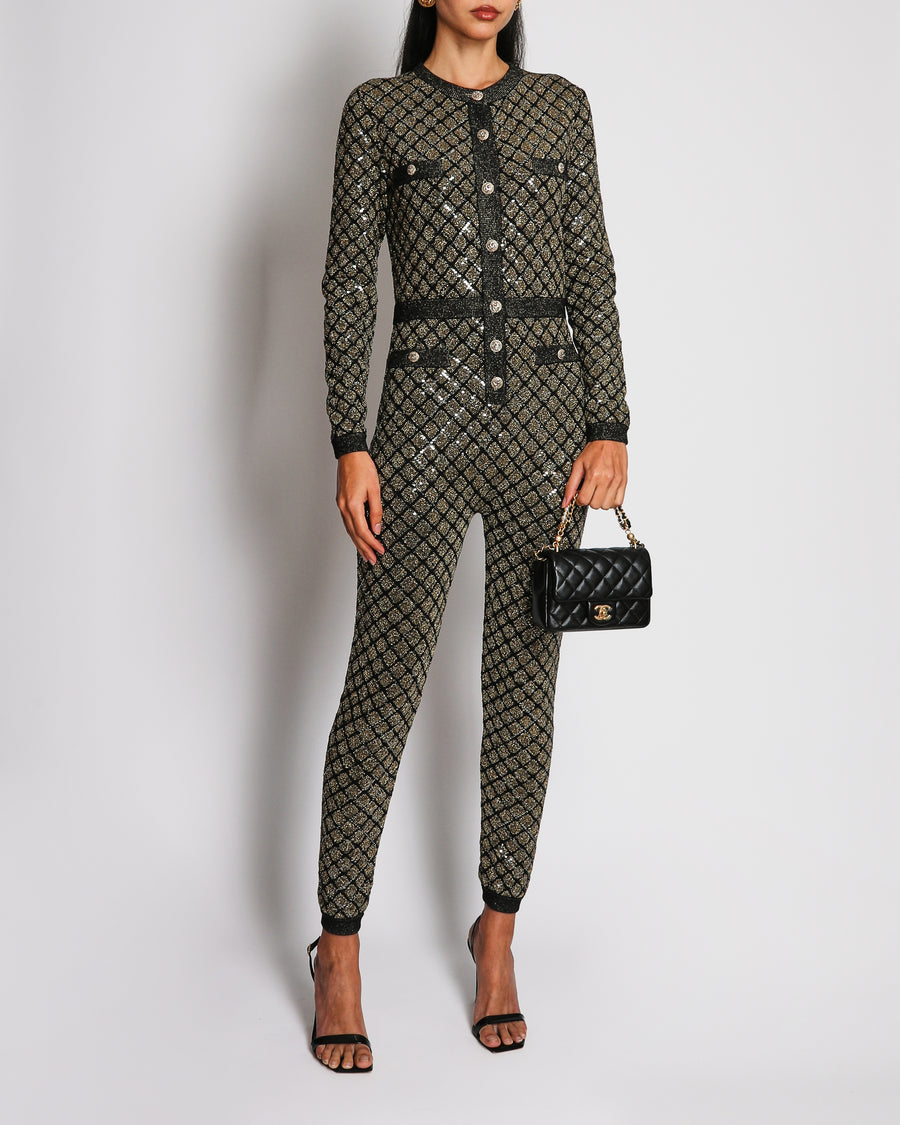 Chanel 15/A Metallic Gold Quilted Knit Long Sleeve Jumpsuit with CC Button Detail Size FR 36 (UK 8)