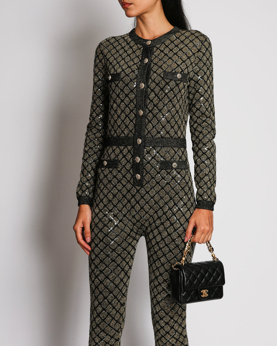 Chanel 15/A Metallic Gold Quilted Knit Long Sleeve Jumpsuit with CC Button Detail Size FR 36 (UK 8)