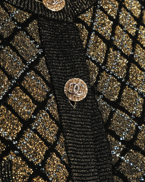 Chanel 15/A Metallic Gold Quilted Knit Long Sleeve Jumpsuit with CC Button Detail Size FR 36 (UK 8)