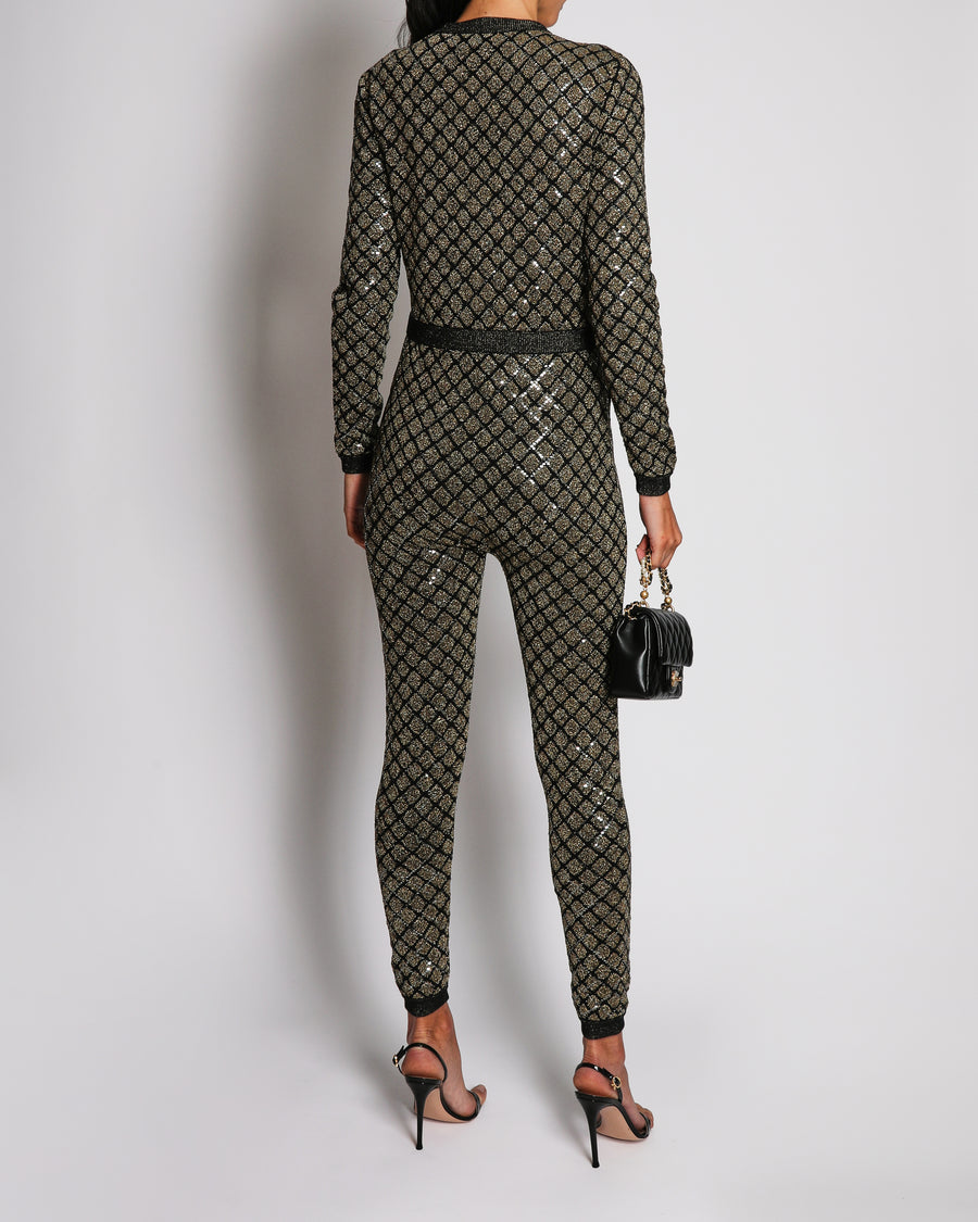 Chanel 15/A Metallic Gold Quilted Knit Long Sleeve Jumpsuit with CC Button Detail Size FR 36 (UK 8)