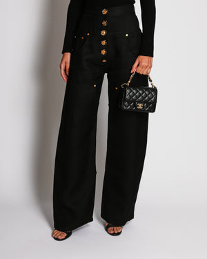 Schiaparelli Black High-Waisted Cowboy Trousers with Gold Eye Motif Buttons Size FR 40 (UK 12)