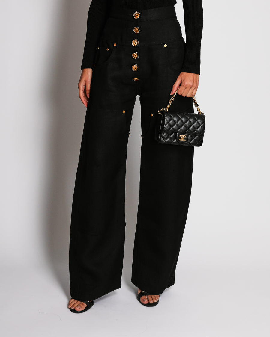 Schiaparelli Black High-Waisted Cowboy Trousers with Gold Eye Motif Buttons Size FR 40 (UK 12)