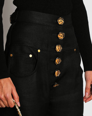 Schiaparelli Black High-Waisted Cowboy Trousers with Gold Eye Motif Buttons Size FR 40 (UK 12)