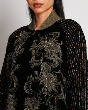 Saint Laurent Black Velvet Bomber Jacket with Gold Bead Dragon Embroidery Design Size FR 36 (UK 8)