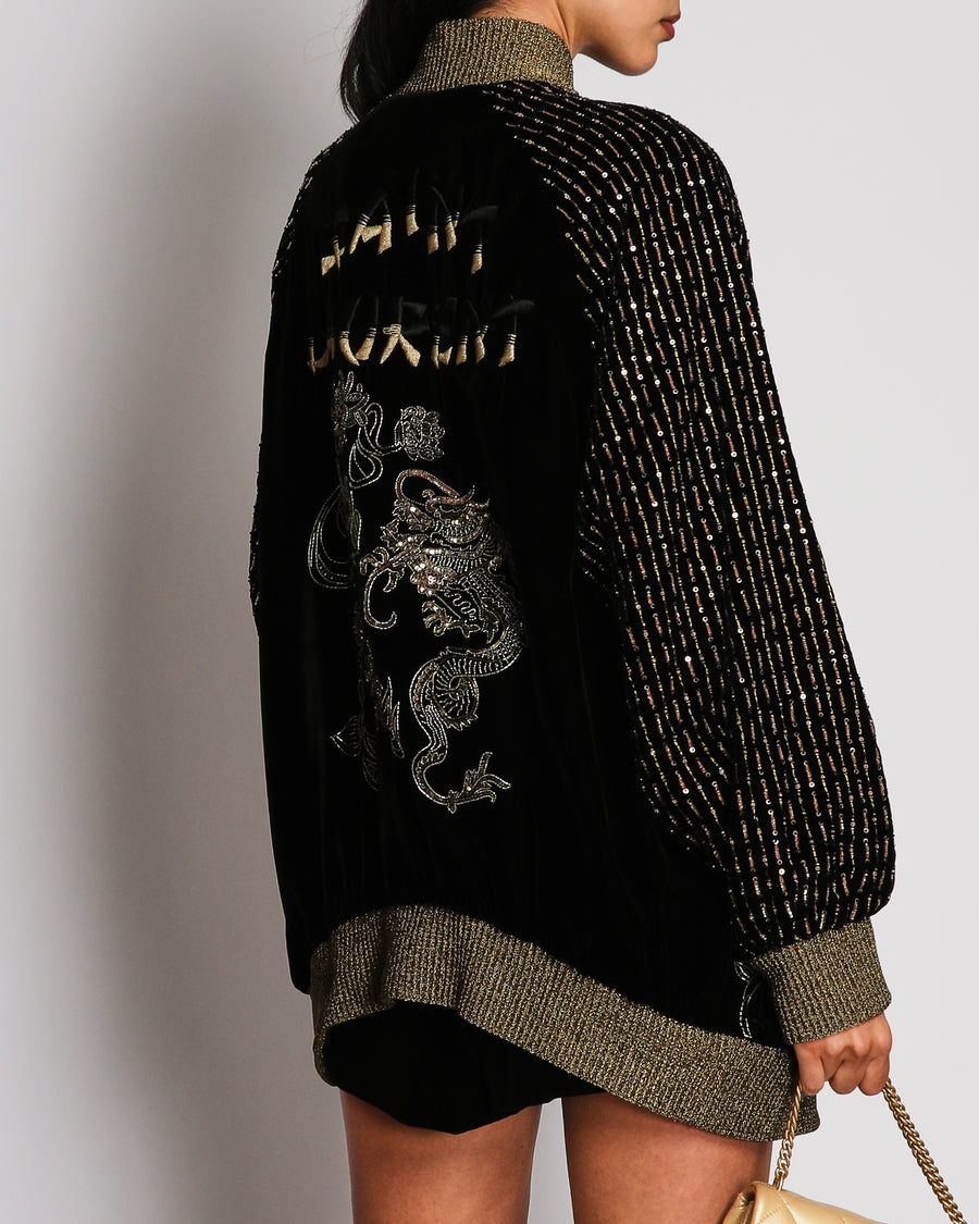 Saint Laurent Black Velvet Bomber Jacket with Gold Bead Dragon Embroidery Design Size FR 36 (UK 8)