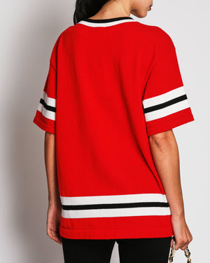 Chanel 2024 Métiers d'Art Red Short Sleeve Cashmere Knit Top with Black and White Trim and CC Logo Detail Size FR 38 (UK 10)