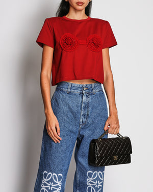 Magda Butrym Burgundy Cropped T-Shirt with Crochet Bra Top Detail and Padded Shoulders Size FR 34 (UK 6)