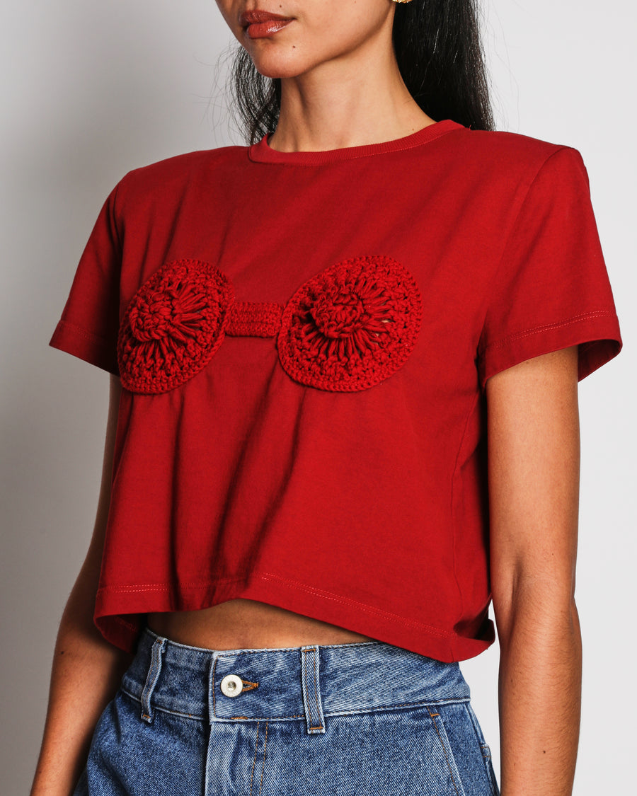 Magda Butrym Burgundy Cropped T-Shirt with Crochet Bra Top Detail and Padded Shoulders Size FR 34 (UK 6)