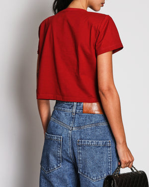 Magda Butrym Burgundy Cropped T-Shirt with Crochet Bra Top Detail and Padded Shoulders Size FR 34 (UK 6)