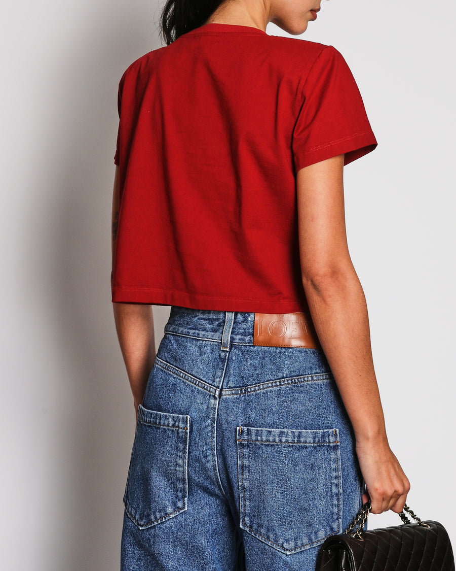 Magda Butrym Burgundy Cropped T-Shirt with Crochet Bra Top Detail and Padded Shoulders Size FR 34 (UK 6)