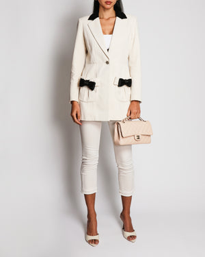 Chanel 21S Cream Blazer Jacket with Black Quilted Silk Collar and Bow Pocket Details Size FR 36 (UK 8)