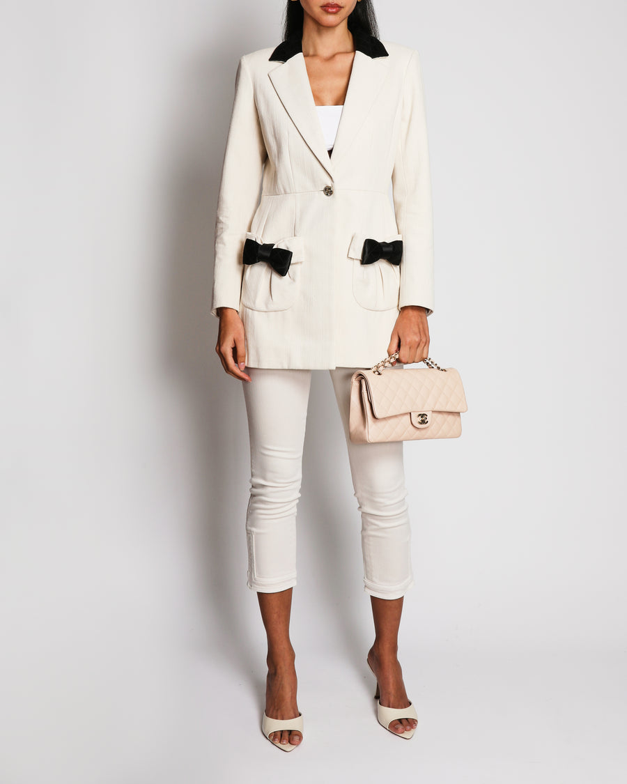 Chanel 21S Cream Blazer Jacket with Black Quilted Silk Collar and Bow Pocket Details Size FR 36 (UK 8)