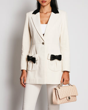 Chanel 21S Cream Blazer Jacket with Black Quilted Silk Collar and Bow Pocket Details Size FR 36 (UK 8)