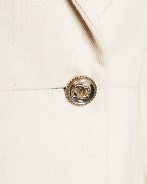 Chanel 21S Cream Blazer Jacket with Black Quilted Silk Collar and Bow Pocket Details Size FR 36 (UK 8)