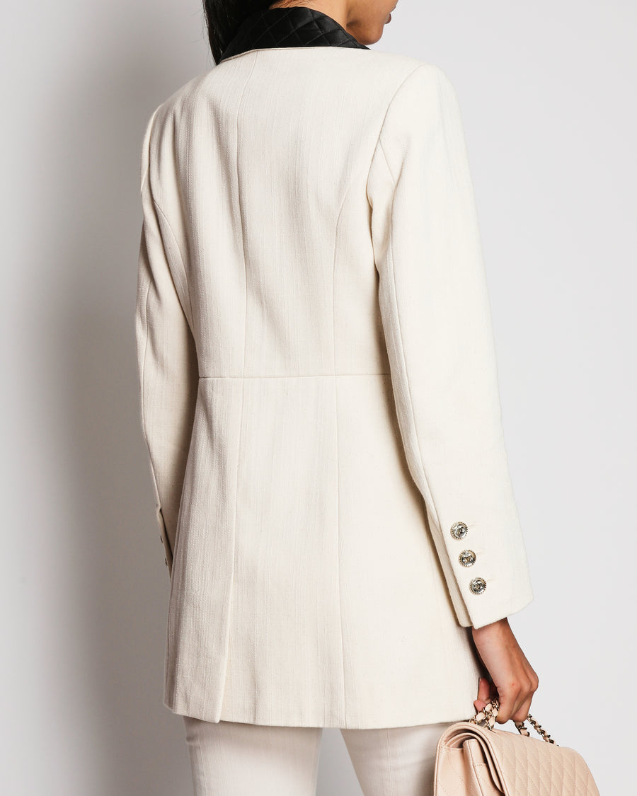Chanel 21S Cream Blazer Jacket with Black Quilted Silk Collar and Bow Pocket Details Size FR 36 (UK 8)