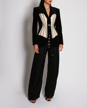 *SUPER HOT* Schiaparelli Black Velvet Structured Blazer Jacket with Cream Trompe L'œil Corset Insert and Gold Button Detail Size FR 36 (UK 8)