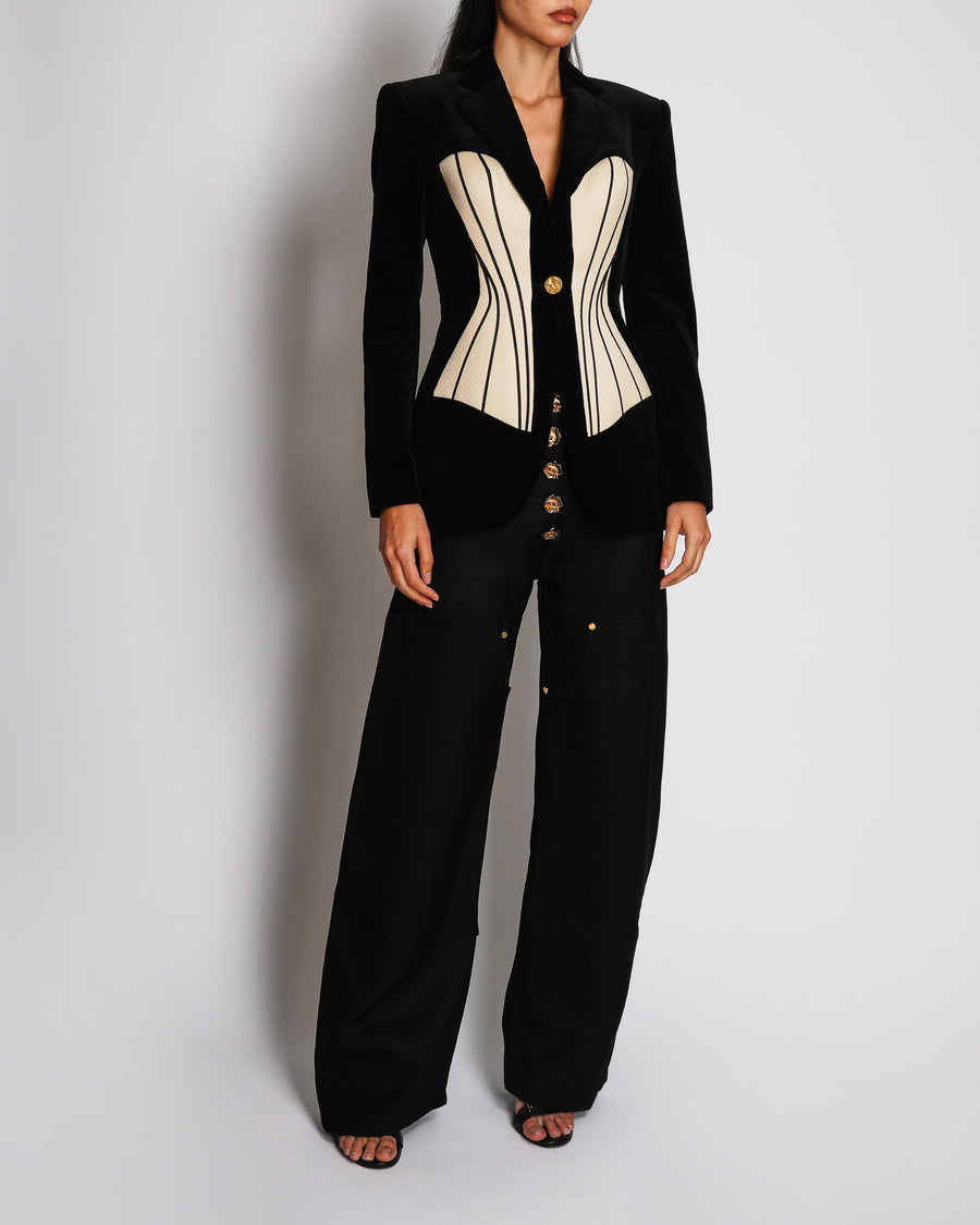 *SUPER HOT* Schiaparelli Black Velvet Structured Blazer Jacket with Cream Trompe L'œil Corset Insert and Gold Button Detail Size FR 36 (UK 8)