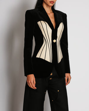 *SUPER HOT* Schiaparelli Black Velvet Structured Blazer Jacket with Cream Trompe L'œil Corset Insert and Gold Button Detail Size FR 36 (UK 8)