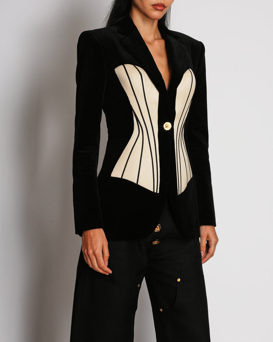 *SUPER HOT* Schiaparelli Black Velvet Structured Blazer Jacket with Cream Trompe L'œil Corset Insert and Gold Button Detail Size FR 36 (UK 8)