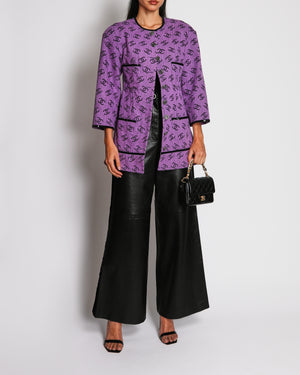 Chanel 22S Purple CC Logo Print Denim Jacket with Black Sequin Trim and Crystal Embellished CC Buttons Size FR 36 (UK 8)