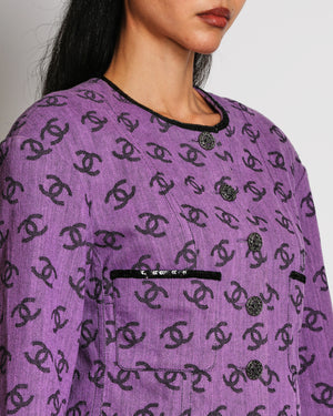 Chanel 22S Purple CC Logo Print Denim Jacket with Black Sequin Trim and Crystal Embellished CC Buttons Size FR 36 (UK 8)