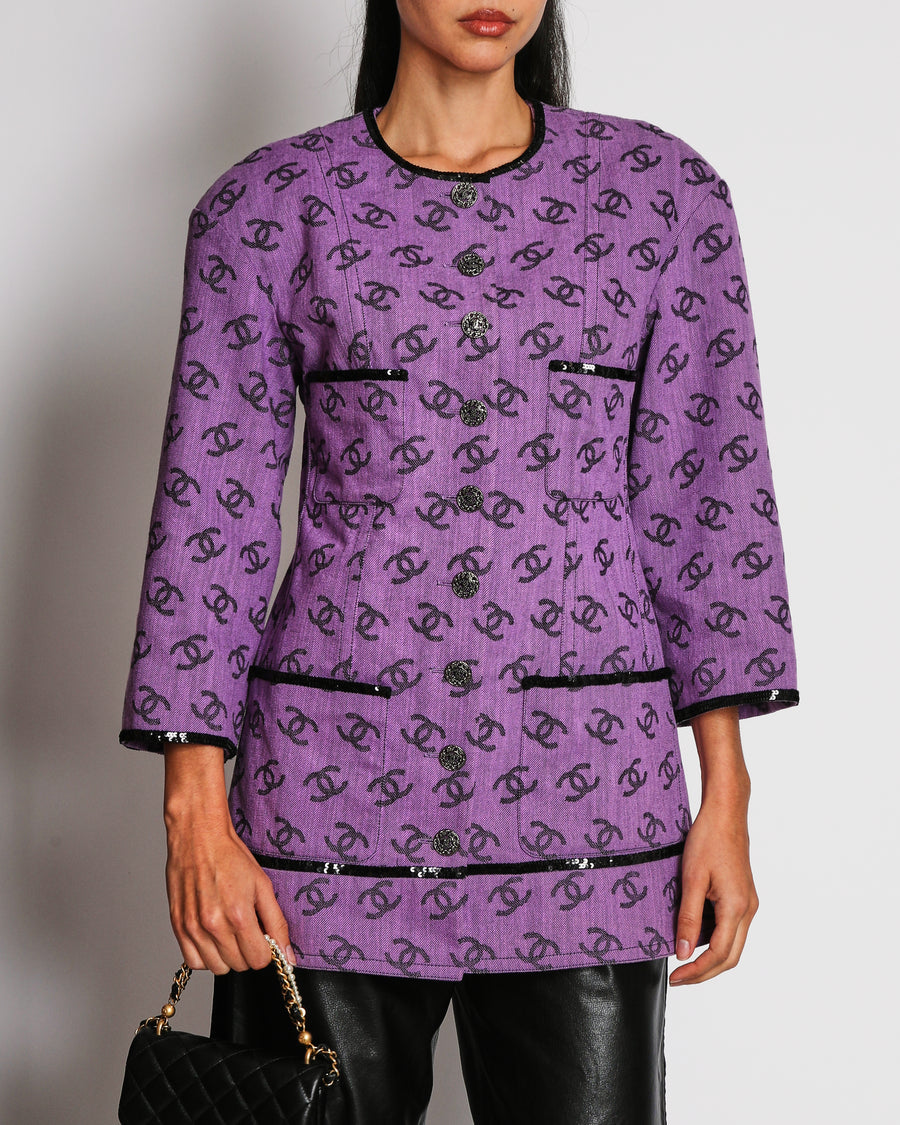 Chanel 22S Purple CC Logo Print Denim Jacket with Black Sequin Trim and Crystal Embellished CC Buttons Size FR 36 (UK 8)