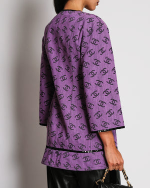 Chanel 22S Purple CC Logo Print Denim Jacket with Black Sequin Trim and Crystal Embellished CC Buttons Size FR 36 (UK 8)