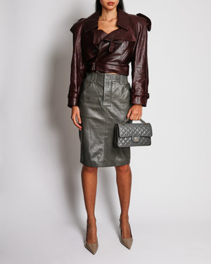 Saint Laurent Grey Leather Midi Pencil Skirt with Pocket Details Size FR 36 (UK 8)