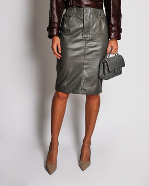 Saint Laurent Grey Leather Midi Pencil Skirt with Pocket Details Size FR 36 (UK 8)