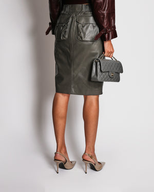 Saint Laurent Grey Leather Midi Pencil Skirt with Pocket Details Size FR 36 (UK 8)