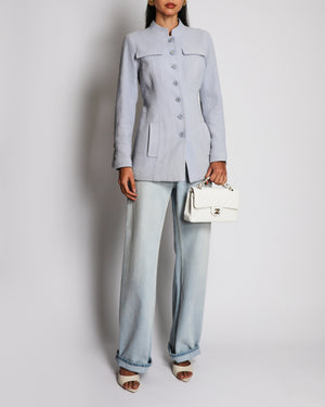 Chanel Spring 1997 Vintage Baby Blue Bouclé Wool Jacket with Front Pocket Details and CC Logo Buttons Size FR 36 (UK 8)