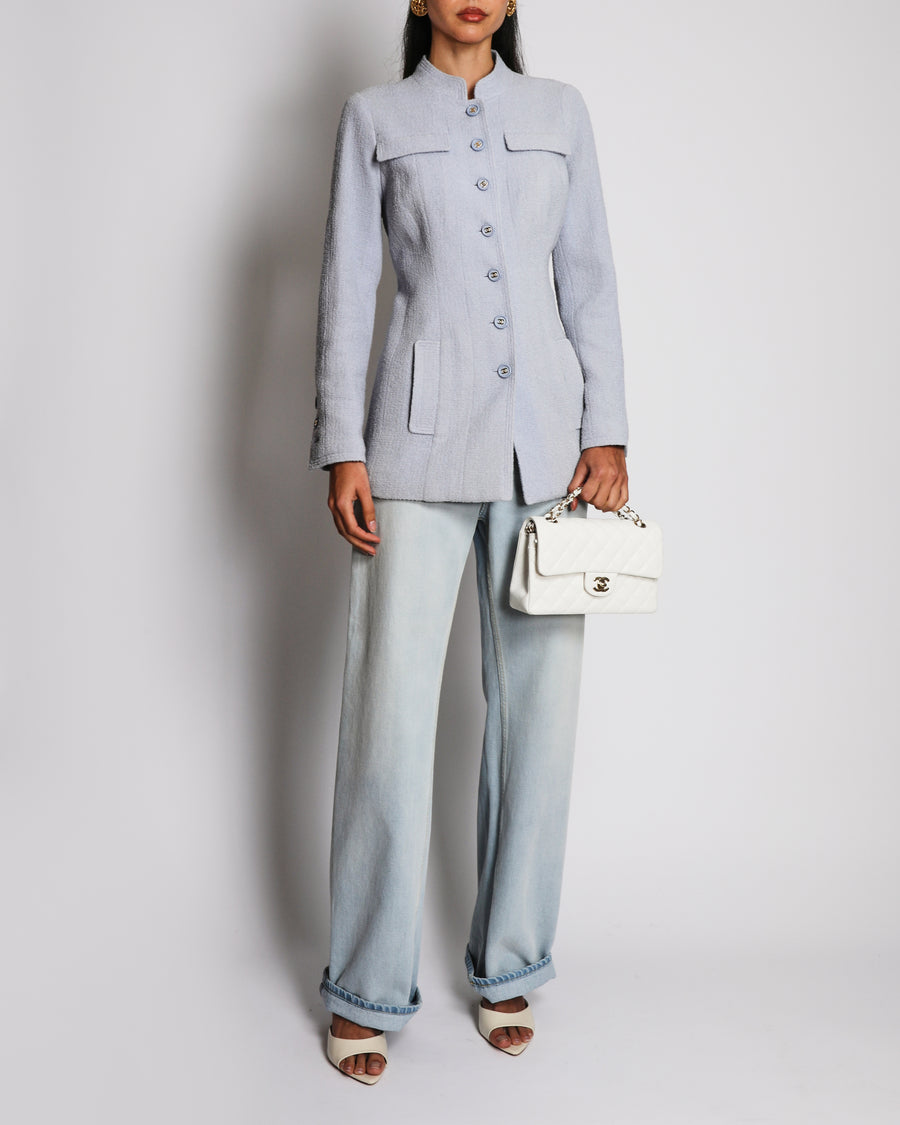 Chanel Spring 1997 Vintage Baby Blue Bouclé Wool Jacket with Front Pocket Details and CC Logo Buttons Size FR 36 (UK 8)