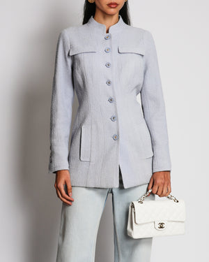 Chanel Spring 1997 Vintage Baby Blue Bouclé Wool Jacket with Front Pocket Details and CC Logo Buttons Size FR 36 (UK 8)