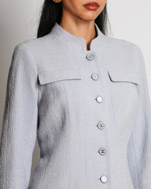 Chanel Spring 1997 Vintage Baby Blue Bouclé Wool Jacket with Front Pocket Details and CC Logo Buttons Size FR 36 (UK 8)