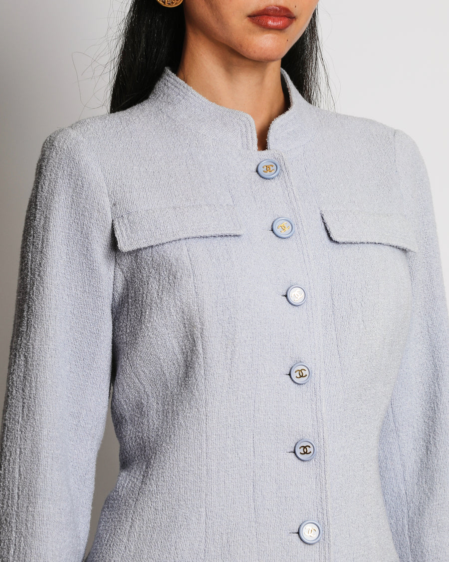 Chanel Spring 1997 Vintage Baby Blue Bouclé Wool Jacket with Front Pocket Details and CC Logo Buttons Size FR 36 (UK 8)