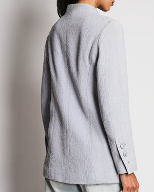 Chanel Spring 1997 Vintage Baby Blue Bouclé Wool Jacket with Front Pocket Details and CC Logo Buttons Size FR 36 (UK 8)