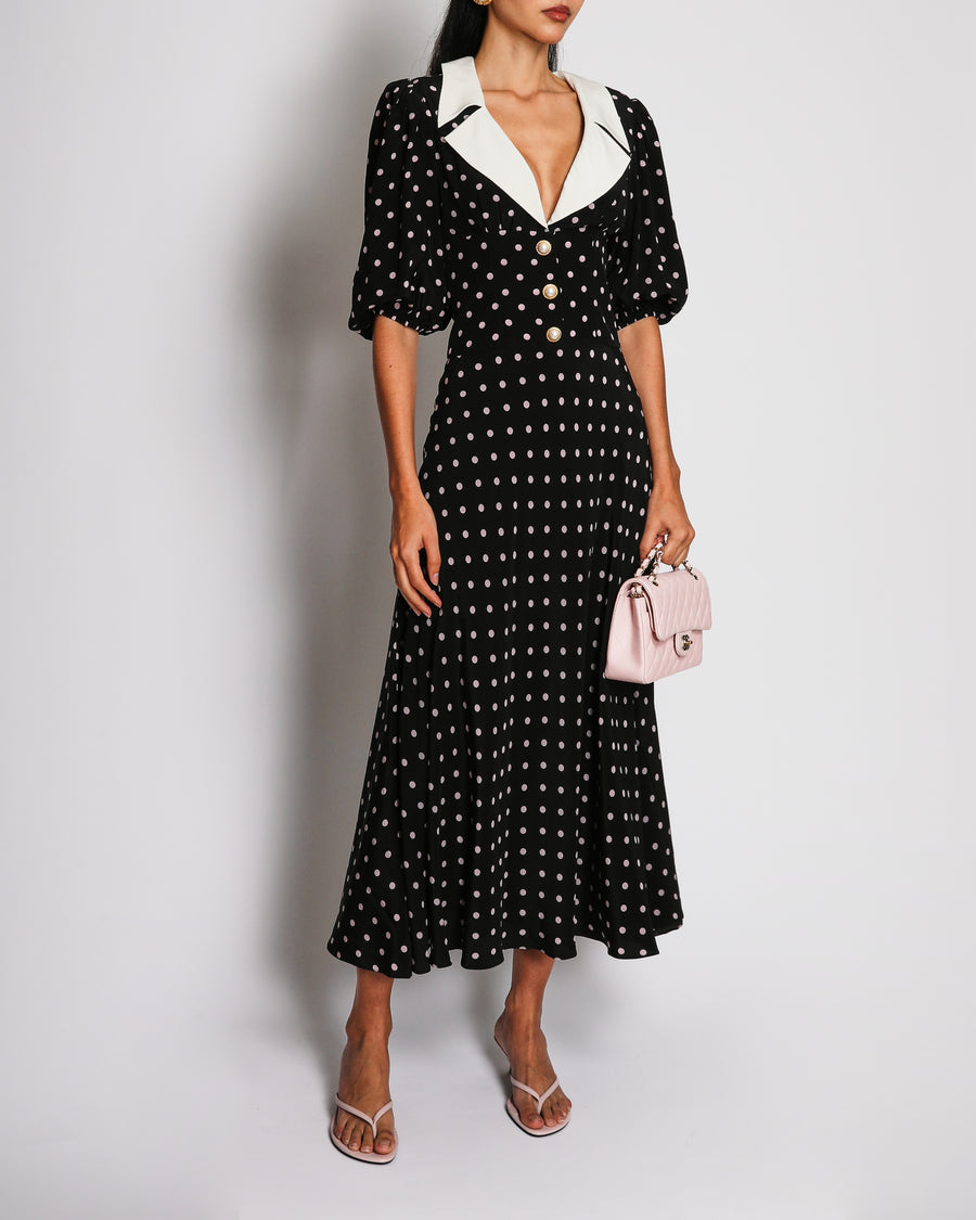 Alessandra Rich Black Silk Maxi Dress with Pink Polka Dots and White Collar with Pearl Buttons Detail Size IT 38 (UK 6)